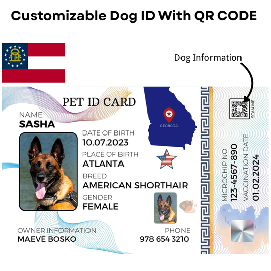 USA Geogria Pet ID Card with QR Code for Personalized Pet Info