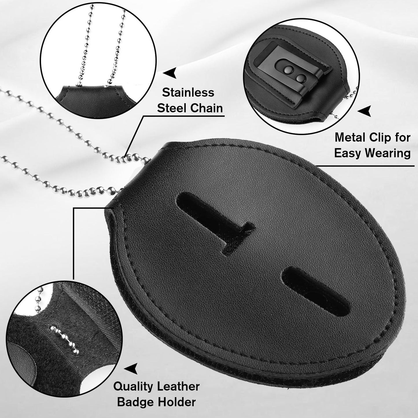 Shield Shape Leather Badge Holder with Stainless Bead Chain