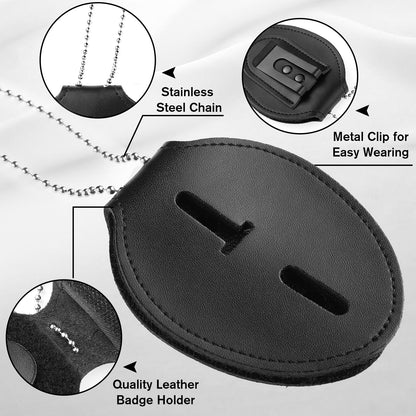 Shield Shape Leather Badge Holder with Stainless Bead Chain