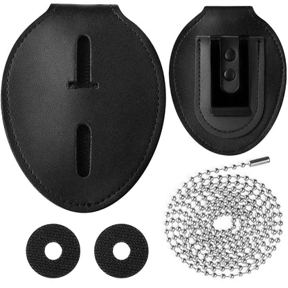 Shield Shape Leather Badge Holder with Stainless Bead Chain