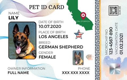 California-Pet ID Card with QR Code for Personalized Pet Info