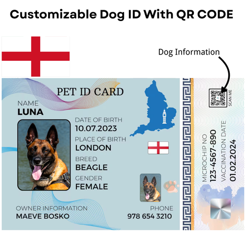 England-Pet ID Card with QR Code for Personalized Pet Info