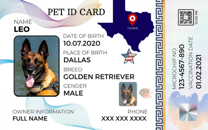 Texas-Pet ID Card with QR Code for Personalized Pet Info