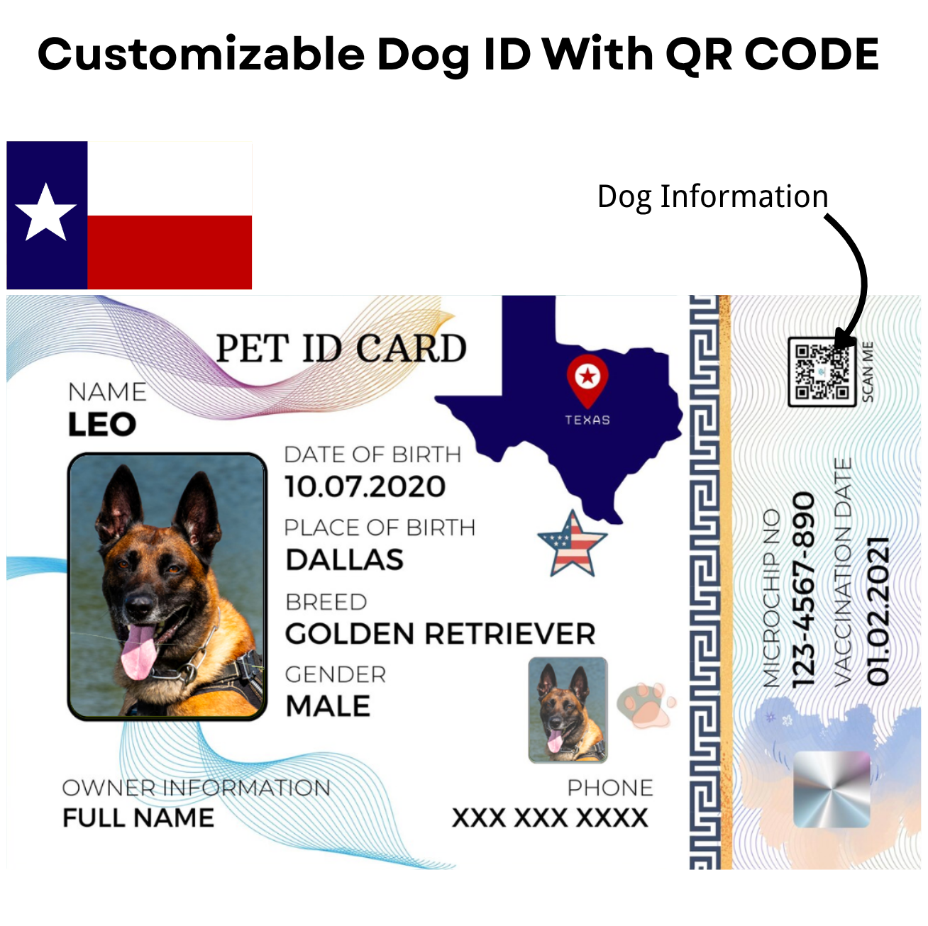 Texas-Pet ID Card with QR Code for Personalized Pet Info