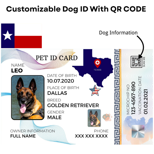Texas-Pet ID Card with QR Code for Personalized Pet Info