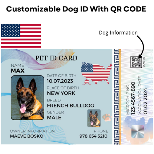USA-Pet ID Card with QR Code for Personalized Pet Info