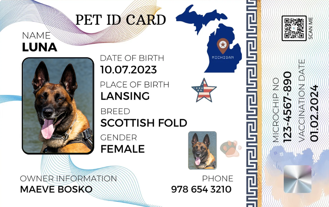 Michigan-Pet ID Card with QR Code for Personalized Pet Info