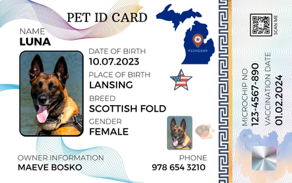 Michigan-Pet ID Card with QR Code for Personalized Pet Info