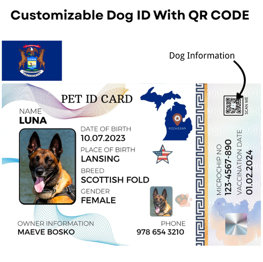 Michigan-Pet ID Card with QR Code for Personalized Pet Info