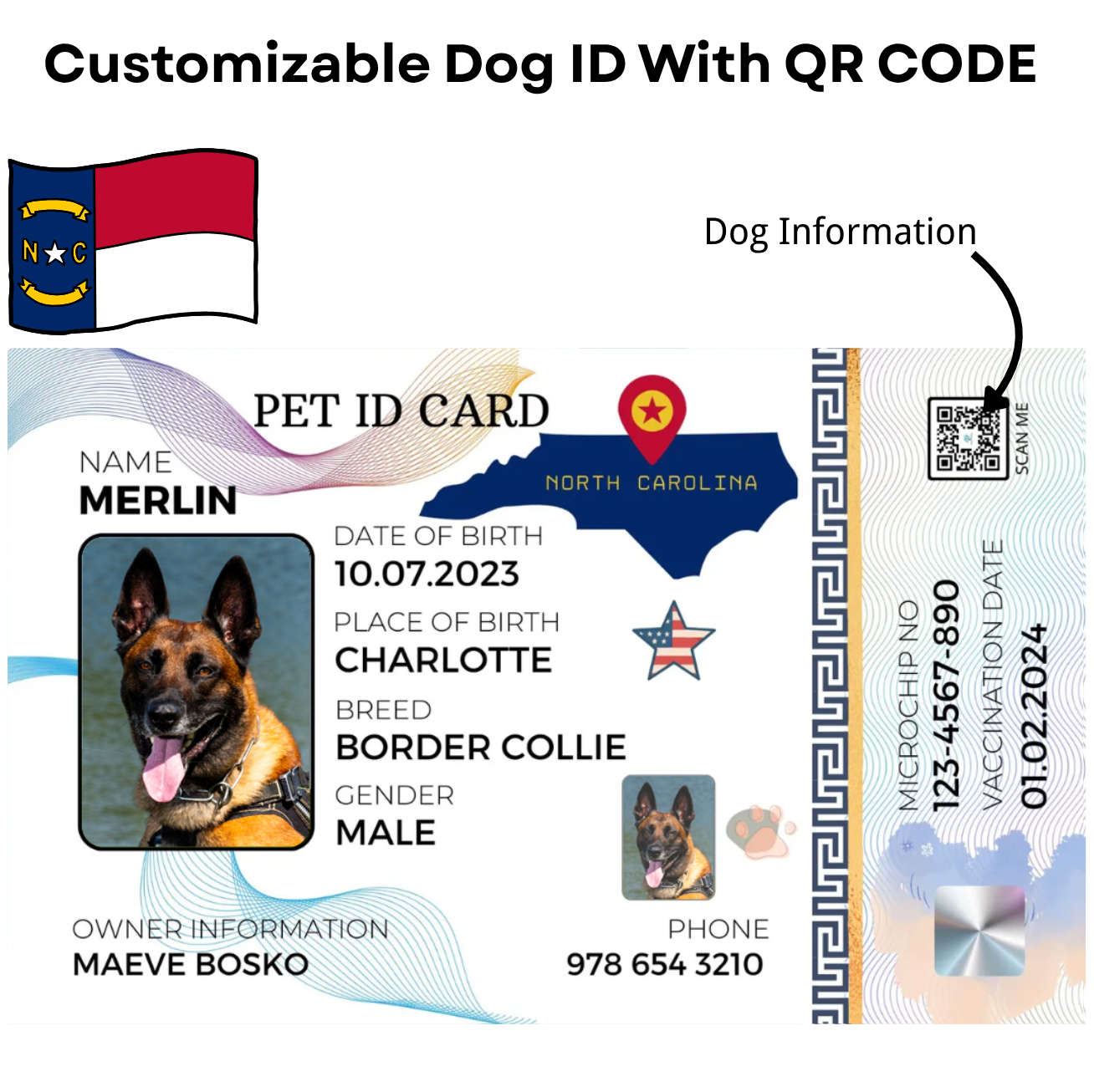 North Carolina-Pet ID Card with QR Code for Personalized Pet Info